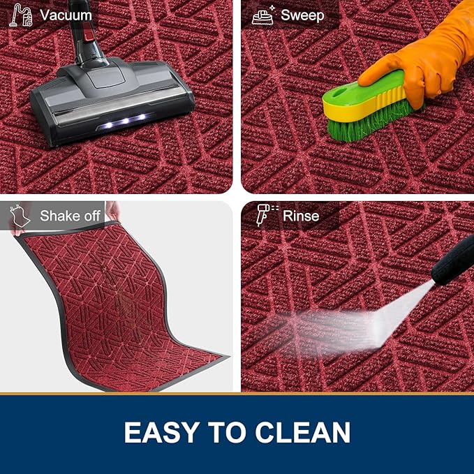 Smiry Front Door Mat Outside Entrance, Heavy Duty Sturdy Natural Rubber Doormat, Trap Dirt and Moisture, Easy Clean Low Profile Mats for Indoor Outdoor Entry, Grid Geometric (29.5x17, Wine Red)