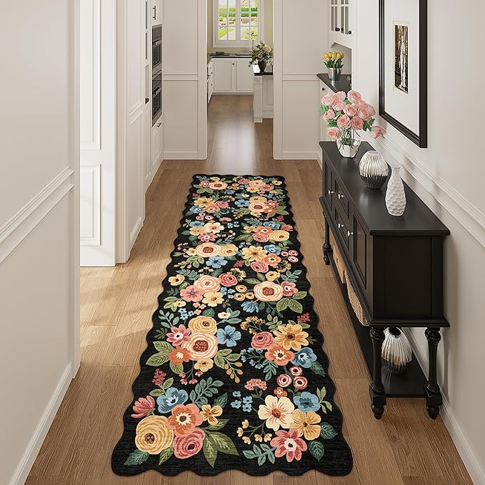 DUKINO 2.6x8 Runner Rug for Hallway, Washable Kitchen Rug with Non Slip Backing & Non-Shediing, Soft Low Pile Floral Design Runner for Bedroom, Kithchen, Living Room, Laundry, Bathroom, Black