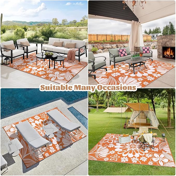 Ileading Outdoor Plastic Straw Rug 5x8ft Funny Floral Style Reversible Patio Area Rugs Waterproof Non Shedding Portable Carpets for Rv Outside Deck Pool Beach Picnic Camping (Orange)