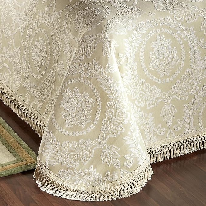 Timeless Vintage Style Bedding with Fringe Edges | Neutral Sage and Ecru | Textured Matelasse Rose Medallions and Leaves | 3-Pc Lightweight Bed Set: Oversized Queen Bedspread & 2 Standard Pillow Shams