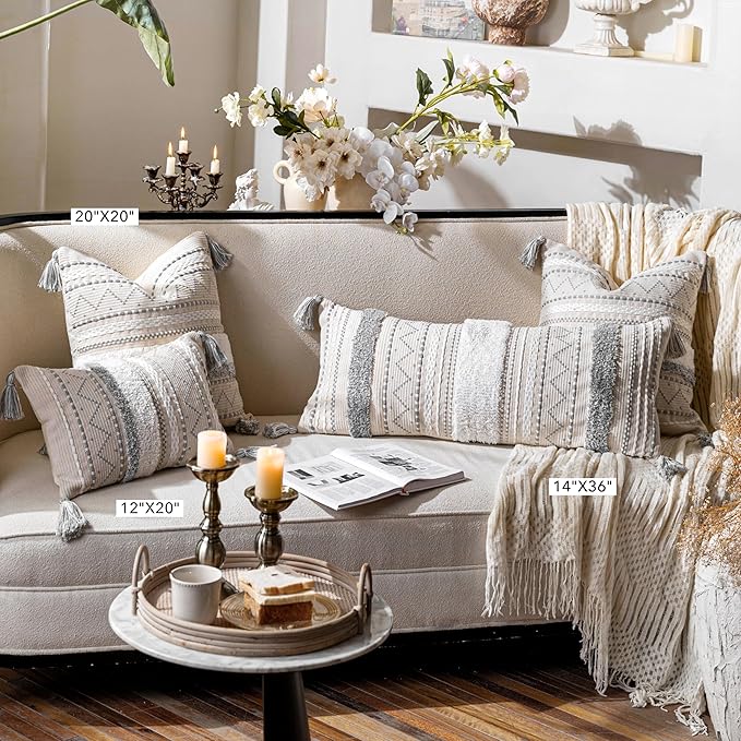 BlissBlush Gray Decorative Throw Pillow Cover 20x20 Combo Set of 2 Square Boho Neutral Grey Accent Pillowcase Tassels Farmhouse Cushion for Couch Sofa Bedroom Living Room Home Décor Cover ONLY