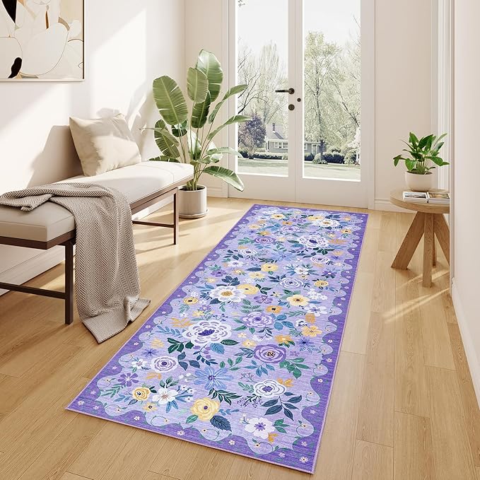 DUKINO 2x6 Runner Rug for Hallway, Washable Kitchen Rug with Non Slip Backing, Low Pile Soft Boho Floral Runner for Kitchen, Hallway, Entryway, Laundry, Bedroom, Purple
