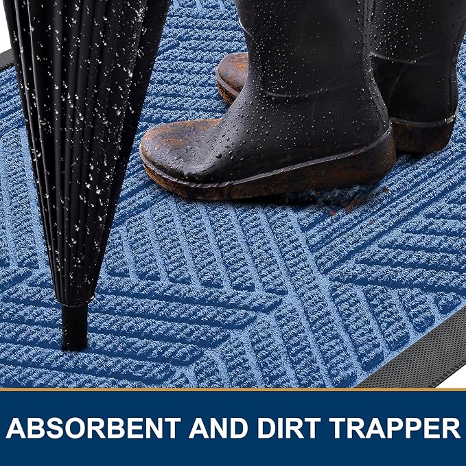 Smiry Front Door Mat Outside Entrance, Heavy Duty Sturdy Natural Rubber Doormat, Trap Dirt and Moisture, Easy Clean Low Profile Mats for Indoor Outdoor Entry, Irregular Triangle (47x32, Blue)