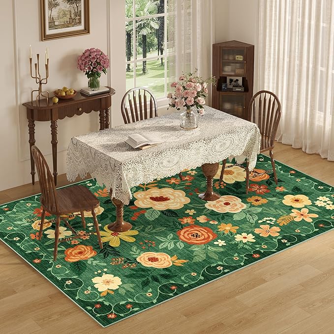 DUKINO 5x7 Area Rug, Floral Rugs for Living Room, Lightweight Non Slip Washable Rug, Indoor Low Pile & Non-Shedding Boho Design Rugs for Bedroom, Playroom, Dining Room, Dark Green