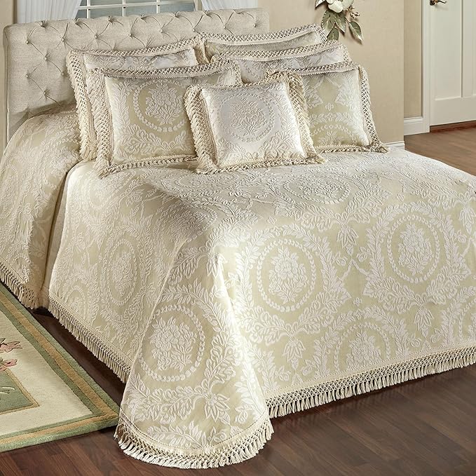 Timeless Vintage Style Bedding with Fringe | Neutral Sage and Ecru Hues | Textured Matelasse Rose Medallions and Leaves | 5 Piece Lightweight Set: Oversized California King Bedspread & 4 King Shams