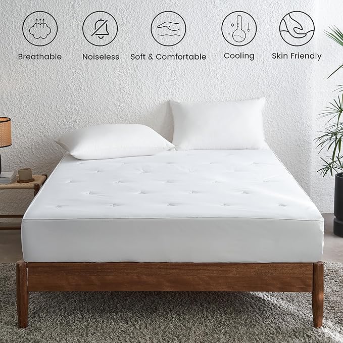 Simple&Opulence Cooling Quilted Mattress Pad – Fitted Sheet Mattress Protector Cover with Elastic Corners, Soft & Breathable, 16 Inch Deep Pocket (White,King)