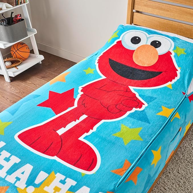 ZippySack Twin Bed Zip-Up Bedding – Super Soft Fleece Fitted Blanket with Side Pocket & Durable Zipper – Easy Bed-Making for Kids (Sesame Street Elmo)