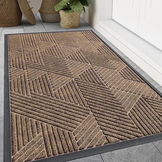 Smiry Front Door Mat Outside Entrance, Heavy Duty Sturdy Natural Rubber Doormat, Trap Dirt and Moisture, Easy Clean Low Profile Mats for Indoor Outdoor Entry, Irregular Triangle (59x20, Brown)