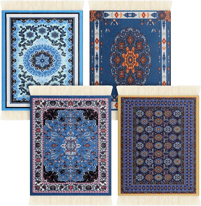 4 Pieces Rug Table Coasters Table Drink Holders Oriental Design Fabric Carpet Drink Mats Oriental Design Fabric Elegant Carpets Kitchen and Bar Mats for Home Office (Square,Novelty Pattern)