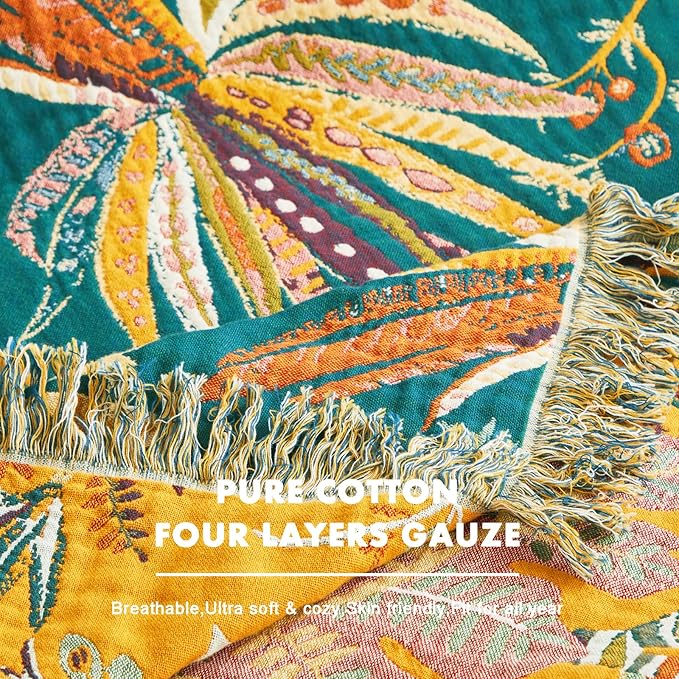 MSGKV Boho Throw Blanket for Couch 100% Cotton Embroidery Blanket 50"x60" Sofa Bed Chair Muslin Breathable All Seasons Lightweight Farmhouse Blankets Home Decor