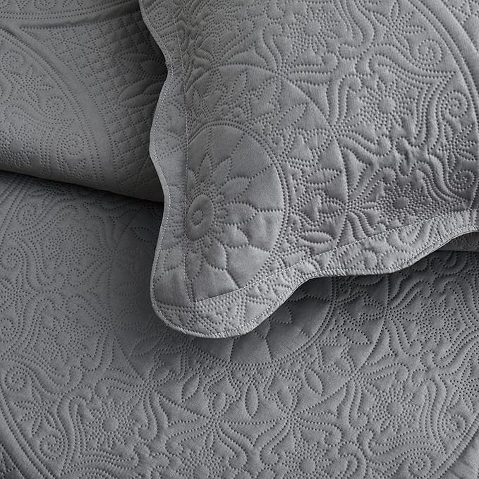 IR Imperial Rooms Twin Quilt Bedding Set Size (68” x 86”) + 1 Pillow Shams (20” x 26” + 2”) - 2 Pcs All Season Lightweight Reversible Microfiber Coverlet Floral Embossed Quilt Bedspread (Grey)