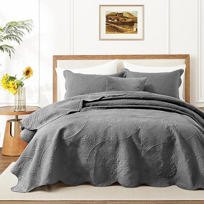 IR Imperial Rooms King Quilt Bedding Set Size (106" x 96") + 2 Pillow Shams (20" x 36"+ 2") - 3 Pcs All Season Lightweight Reversible Microfiber Coverlet Floral Embossed Quilt Bedspread (Grey)