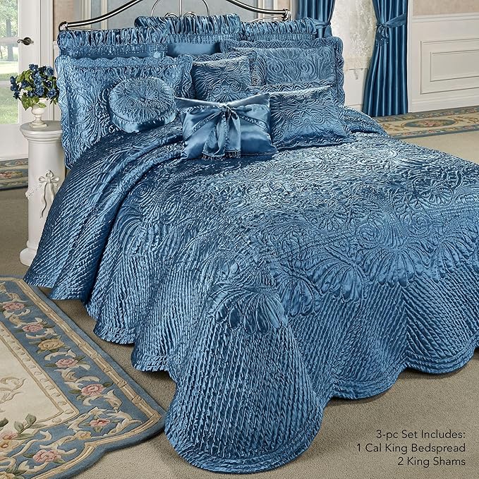 Touch of Class Portia Luxury Bedding | Rich Sapphire Blue | Premier Quilted Polyester Satin | Hand Guided Machine Quilted Scroll Design 3 Piece Set: Cal King Oversized Bedspread & 2 King Shams