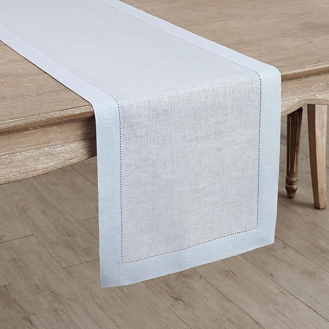 Solino Home Linen Light Blue Table Runner 48 Inches - Classic Hemstitch, 100% Pure Linen Coffee Table Runner 14 x 48 Inch Ideal for Dresser Tables, Christmas, New Year