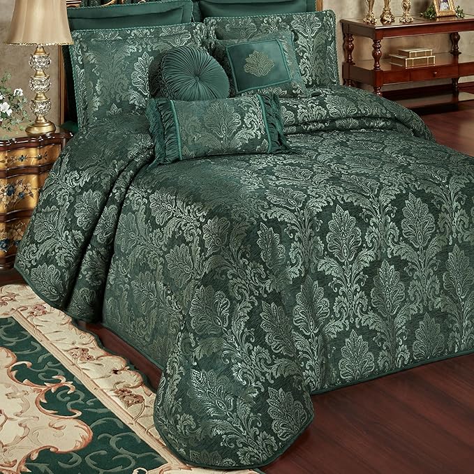 Touch of Class Camelot Luxury Bedding | Striking Emerald Green | Matte Satin Damask on Textured Jacquard-Woven Chenille 6 Piece Set Includes King Bedspread, 2 King Shams, and 3 Decorative Pillows
