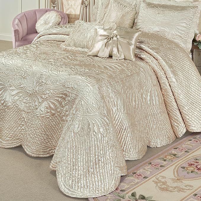 Touch of Class Portia Luxury Bedding | Soft Pearl | Premier Quilted Polyester Satin | Romantic Hand Guided Machine Quilted Scroll Design 3 Piece Set: Cal King Oversized Bedspread & 2 King Shams
