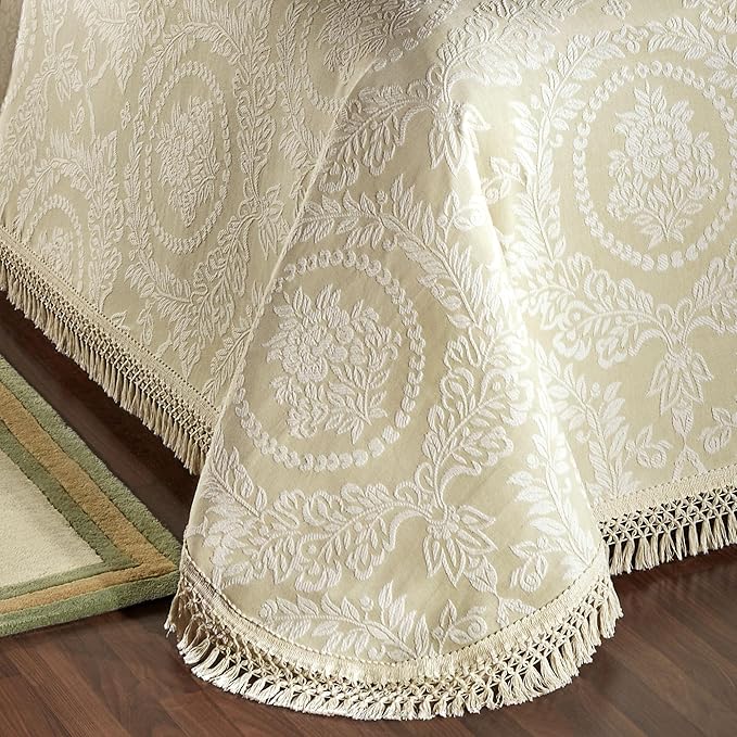 Timeless Vintage Style Bedding with Fringe Edges | Neutral Sage and Ecru | Textured Matelasse Rose Medallions and Leaves | 5-Pc Lightweight Bed Set: Oversized Queen Bedspread & 4 Standard Pillow Shams
