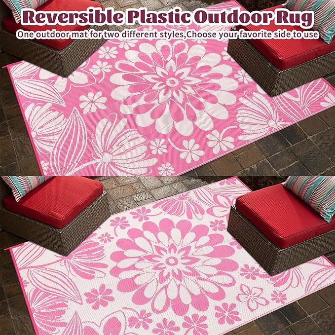 Ileading Outdoor Plastic Straw Rug 8x10ft Funny Floral Style Reversible Patio Area Rugs Waterproof Non Shedding Portable Carpets for Rv Outside Deck Pool Beach Picnic Camping (Pink)