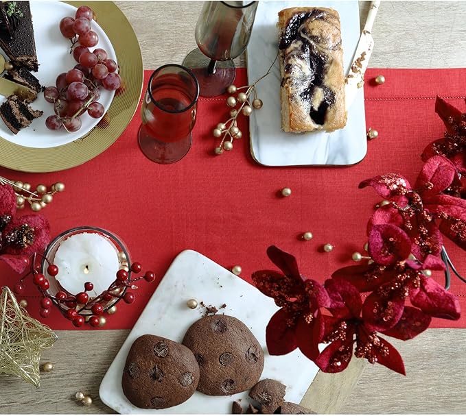 Solino Home Linen Red Table Runner 132 Inches Long - 100% Pure Linen Extra Long Table Runner 14 x 132 Inch for Christmas, Holiday, Winter, New Year - Classic Hemstitch