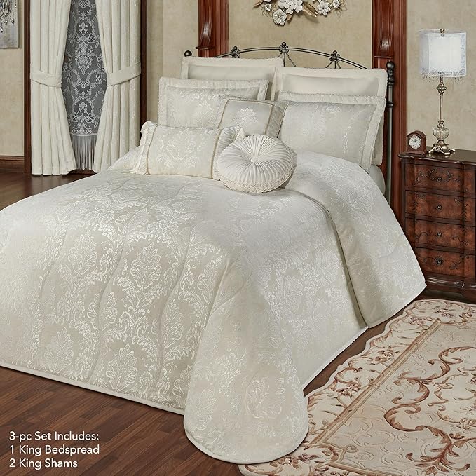 Touch of Class Camelot Luxury Bedding | Neutral Soothing Ivory | Matte Satin Damask on Richly Textured Jacquard-Woven Chenille | Designed 3 Piece Set Includes King Bedspread and 2 King Shams