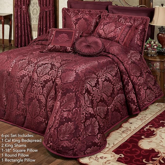 Touch of Class Camelot Luxury Bedding | Robust Burgundy | Matte Satin Damask | Textured Jacquard-Woven Chenille 6 Piece Set Includes Cal King Quilted Bedspread, 2 King Shams & 3 Decorative Pillows
