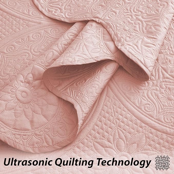 IR Imperial Rooms Twin Quilt Bedding Set Size (68" x 86") + 1 Pillow Shams (20" x 26"+ 2") - 2 Pcs All Season Lightweight Reversible Microfiber Coverlet Floral Embossed Quilt Bedspread (Baby Pink)