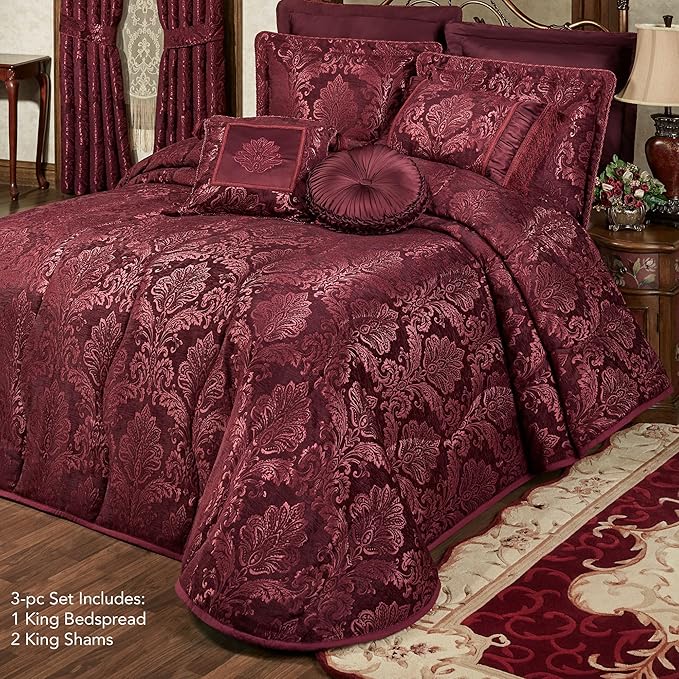Touch of Class Camelot Luxury Bedding | Robust Burgundy | Matte Satin Damask on Richly Textured Jacquard-Woven Chenille | Designed 3 Piece Set Includes King Quilted Bedspread and 2 King Shams