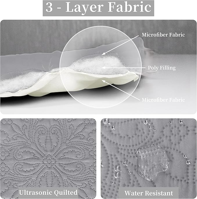 Easy-Going King Size Reversible Quilt Set with 1 Quilt and 2 Pillow Shams, Soft Bed Quilt Cover, Water Resistant Lightweight Microfiber Bedspread, Stain Resistant, Damask-Light Gray/Ivory