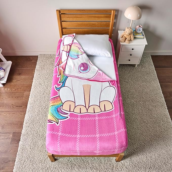 Bleacher Creatures ZippySack Twin Bed Zip-Up Bedding – Super Soft Fleece Fitted Blanket with Side Pocket & Durable Zipper – Easy Bed-Making for Kids (Unicorn)