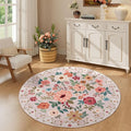 DUKINO Floral Round Rug, 4ft Washable Round Area Rug, Non Slip Indoor Low Pile Circle Rug, Soft Small Boho Design Circle Rug for Bedroom, Entryway, Living Room, Dining Room,Beige