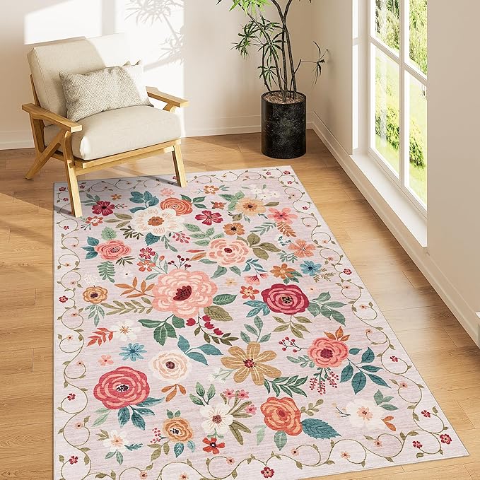 DUKINO 3x5 Area Rug, Floral Rugs for Entryway, Lightweight Non Slip Washable Rug, Indoor Low Pile & Non-Shedding Boho Design Rugs for Bedroom, Living Room, Dining Room, Kitchen, Beige