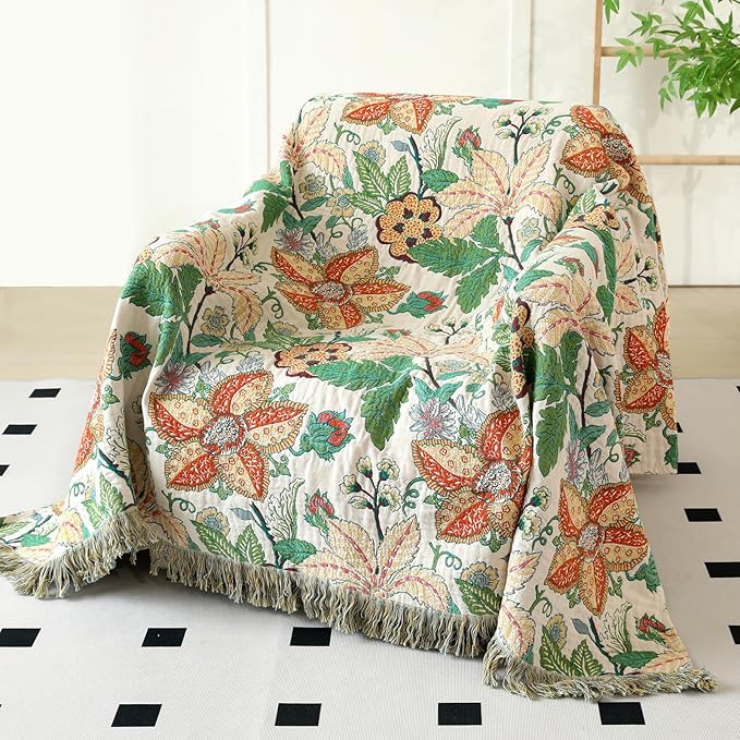 MSGKV Boho Throw Blanket for Bed Twin Size 100% Cotton Floral Blanket 60"x80" Lightweight Farmhouse Muslin Breathable Couch Blankets Home Decor All Seasons