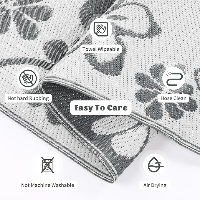 Ileading Outdoor Plastic Straw Rug 9x12ft Funny Floral Style Reversible Patio Area Rugs Waterproof Non Shedding Portable Carpets for Rv Outside Deck Pool Beach Picnic Camping (Grey)