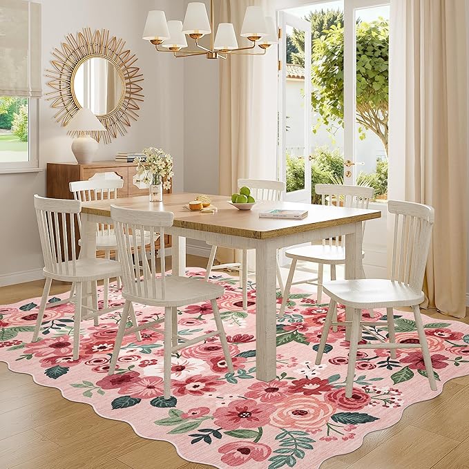 DUKINO 6x9 Area Rug, Floral Washable Rugs for Living Room with Non Slip Backing & Non-Shedding, Lightwight Low Pile Boho Design Large Carpets for Bedroom, Living Room, Dining Room, Pink
