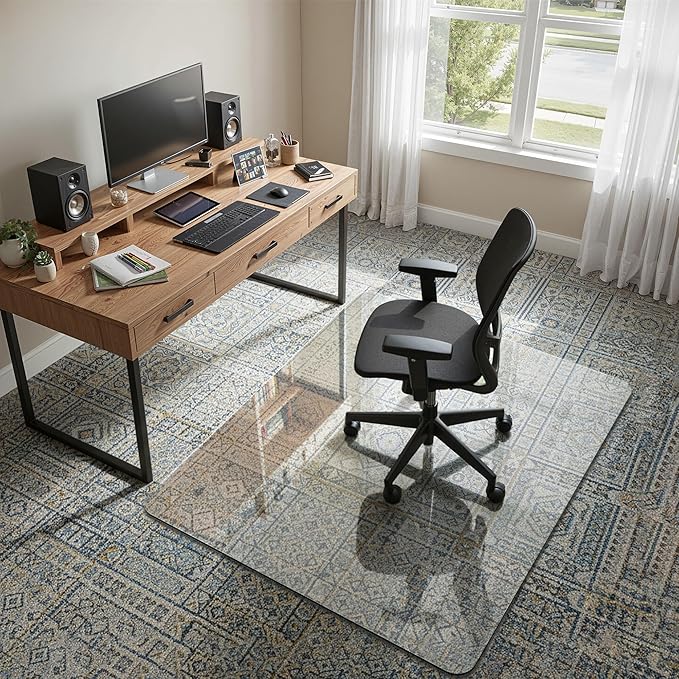 45"x55" Tempered Glass Office Chair Mat for Carpet & Hardwood Floor, 1/5" Thick Clear Floor Protector Desk Chair Mat with Rounded and Polished Edges
