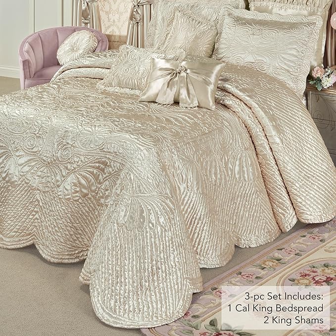 Touch of Class Portia Luxury Bedding | Soft Pearl | Premier Quilted Polyester Satin | Romantic Hand Guided Machine Quilted Scroll Design 3 Piece Set: Cal King Oversized Bedspread & 2 King Shams