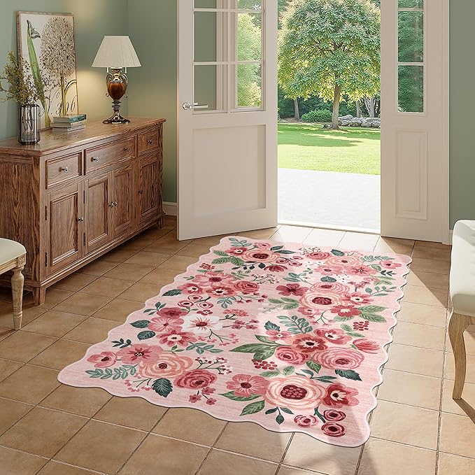 DUKINO 3x5 Area Rug, Floral Non-Slip Indoor Washable Rug with Low Pile & Non-Shedding, Lightwight Boho Design Carpet for Entryway, Bedroom, Kids Room, Living Room, Kitchen, Pink