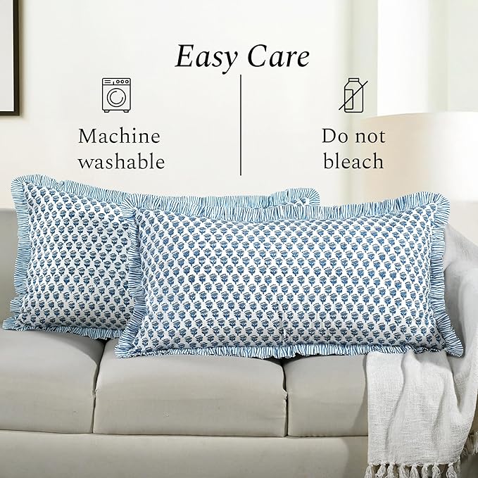 CPC Apatite Blue 100% Cotton Block Print Ruffle Sham Cover 20X36 inch Pack of 2, Handmade Boho Floral Pillowcase, Soft Decorative King Bed Pillow Cover for Bedroom Décor