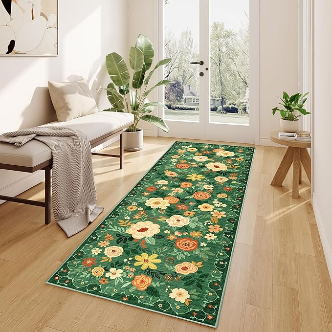 DUKINO Runner Rug, 2x10 Kitchen Hallway Carpet, Washable with Non-Slip Backing, Low Pile Soft Boho Floral for Entryway, Laundry, Bedroom, Dark Green