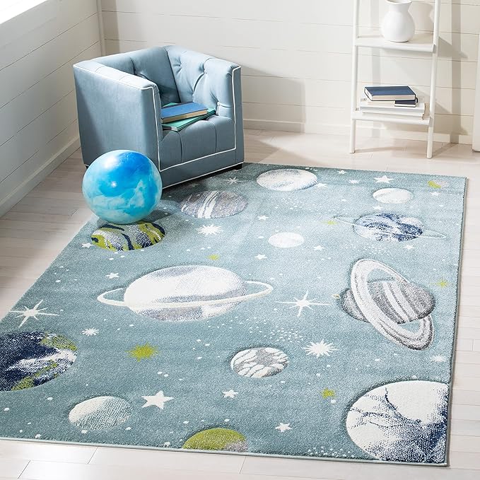 SAFAVIEH Carousel Kids Collection Area Rug - 9' x 12', Teal & Ivory, Non-Shedding & Easy Care, Ideal for High Traffic Areas for Boys & Girls in Playroom, Nursery, Bedroom (CRK103J)