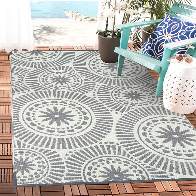 Ileading Reversible Plastic Outdoor Rug Modern Geometric Style Patio Straw Mat Waterproof Deck Carpets Non Shedding Portable Area Rugs for RV Beach Backyard Outside Pool Picnic Camping (5'x8'Grey)