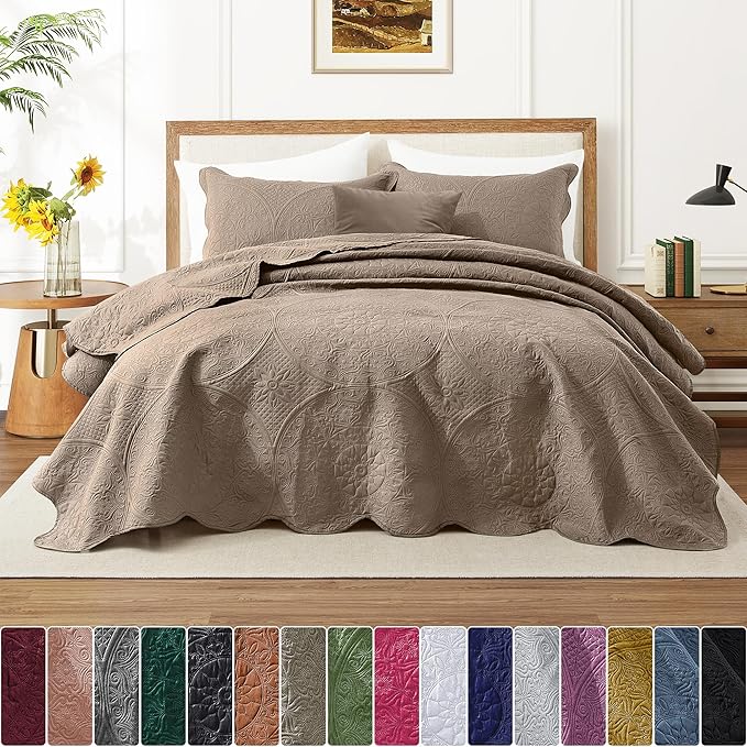 IR Imperial Rooms Twin Quilt Bedding Set Size (68” x 86”) + 1 Pillow Shams (20” x 26” + 2”) - 2 Pcs All Season Lightweight Reversible Microfiber Coverlet Floral Embossed Quilt Bedspread (Beige)