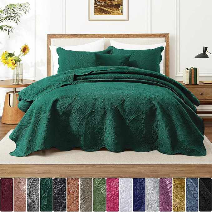 IR Imperial Rooms Twin Quilt Bedding Set Size (68” x 86”) + 1 Pillow Shams (20” x 26” + 2”) - 2 Pcs All Season Lightweight Reversible Microfiber Coverlet Floral Embossed Quilt Bedspread (Emerald)