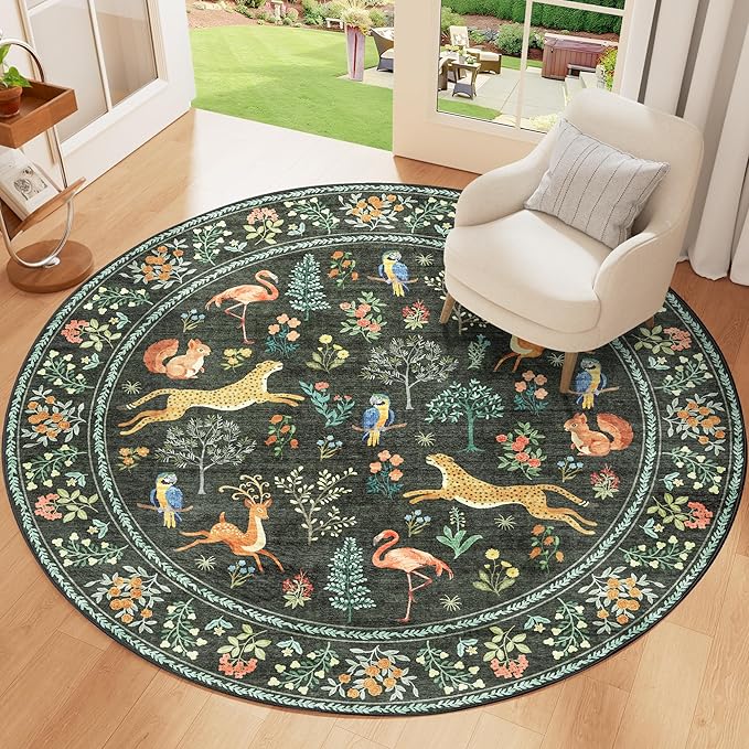 DUKINO 4ft Round Rug, Washable Round Area Rug, Non Slip Indoor Low Pile Animal Design, Soft Small Vintage Circle Carpet for Bedroom, Entryway, Living Room, Dining Room, Black
