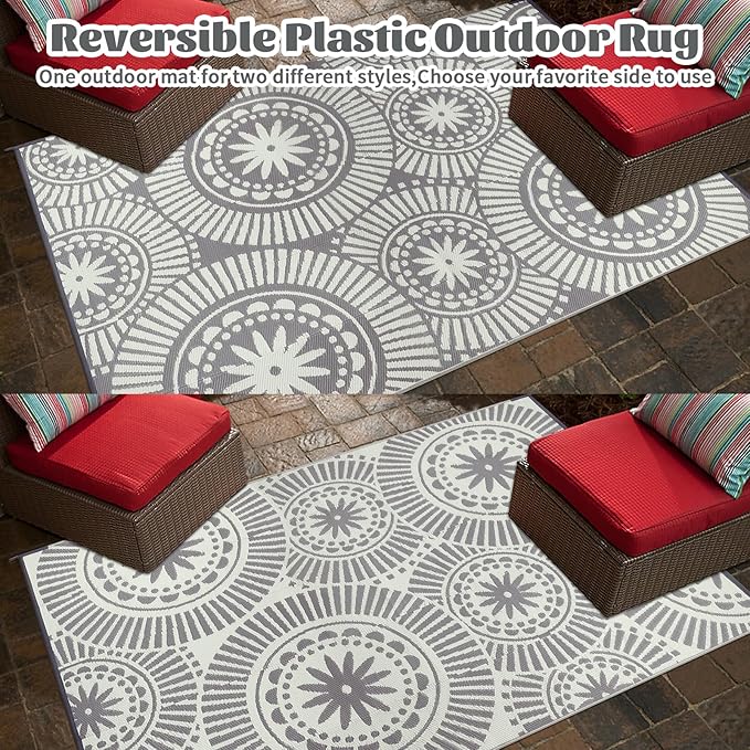 Ileading Reversible Plastic Outdoor Rug Modern Geometric Style Patio Straw Mat Waterproof Deck Carpets Non Shedding Portable Area Rugs for RV Beach Backyard Outside Pool Picnic Camping(6'x9'Grey)