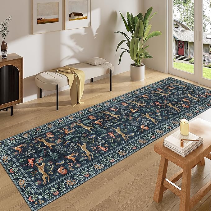 DUKINO Runner Rug, 2x8 Washable Kitchen Rugs for Hallways with Non Slip Backing, Soft Low Pile Vintage Animal Runner for Kitchen, Hallway, Entryway, Laundry, Bedroom, Navy Blue