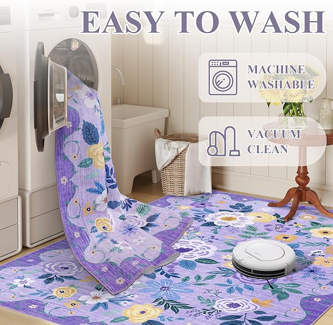 DUKINO 2x6 Runner Rug for Hallway, Washable Kitchen Rug with Non Slip Backing, Low Pile Soft Boho Floral Runner for Kitchen, Hallway, Entryway, Laundry, Bedroom, Purple