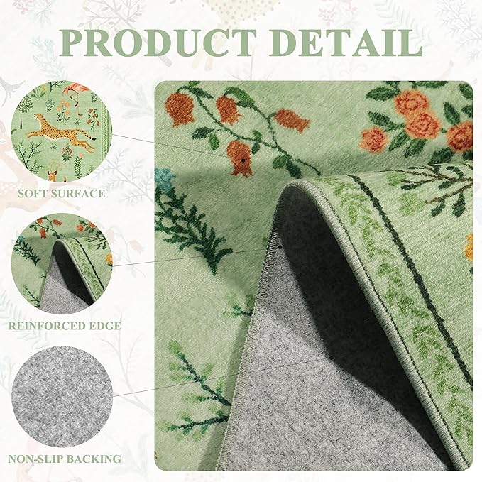 DUKINO 2x5 Rug for Hallway, Washable Kitchen Runner Rug with Non Slip Backing, Soft Low Pile Vintage Animal Runner for Bedroom, Kitchen, Hallway, Entryway, Laundry, Light Green