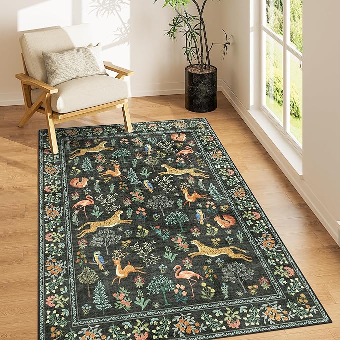 DUKINO 4x6 Rug, Washable Animal Area Rug with Non Slip Vintage Design, Indoor Soft Low Pile Carpet for Bedroom, Nursery, Dining Room, Farmhouse, Playroom, Black