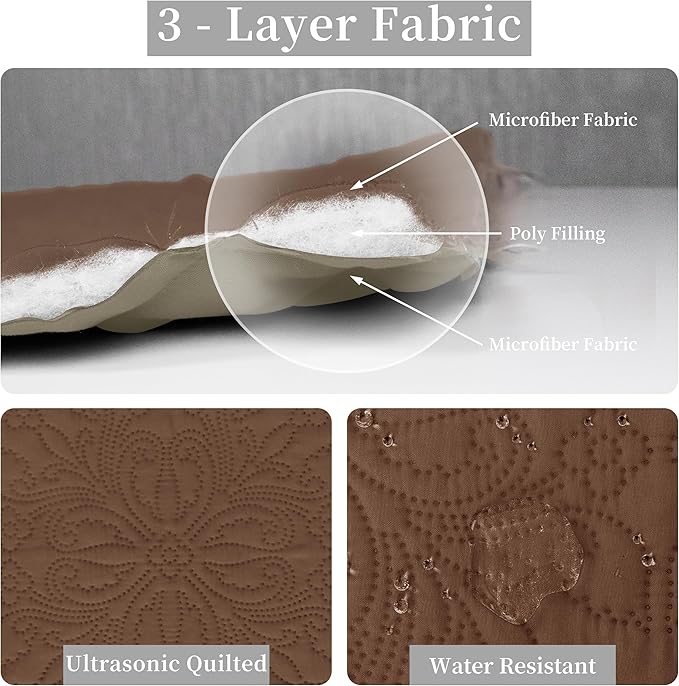 Easy-Going King Size Reversible Quilt Set with 1 Quilt and 2 Pillow Shams, Soft Bed Quilt Cover, Water Resistant Lightweight Microfiber Bedspread, Stain Resistant, Damask-Brown/Beige